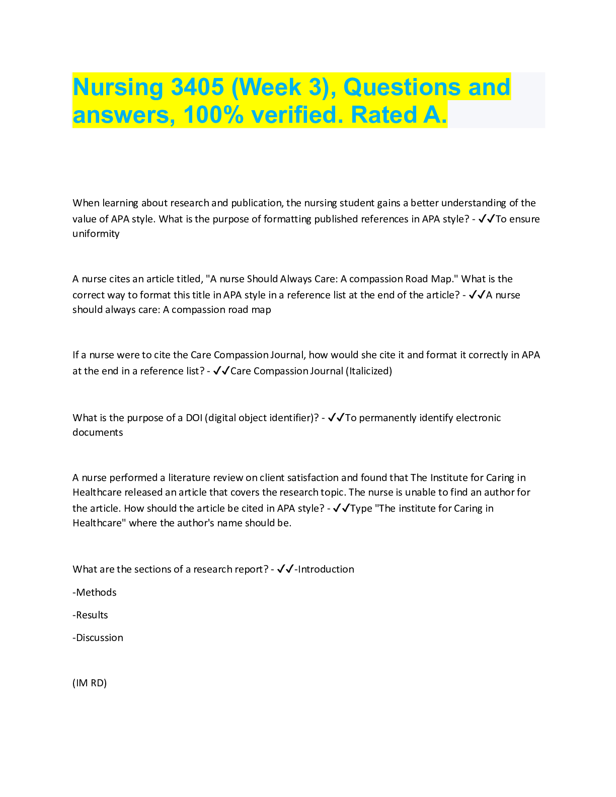 Preview of Nursing 3405 (Week 3), Questions and answers, 100% verified. Rated A.